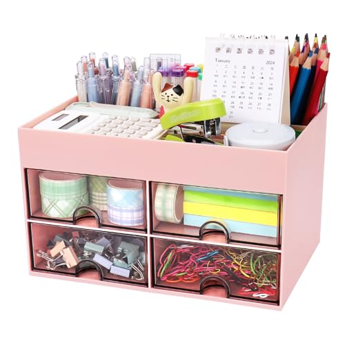 Meiikun Desk Organizer, Office Organizer with Drawer, Desk Accessories & Workspace Organizers, Pen Holder Office Supplies for Desk (4 Drawers+4 Compartments, Pink) - color: 4 Compartments + 4 Drawer (Pink)