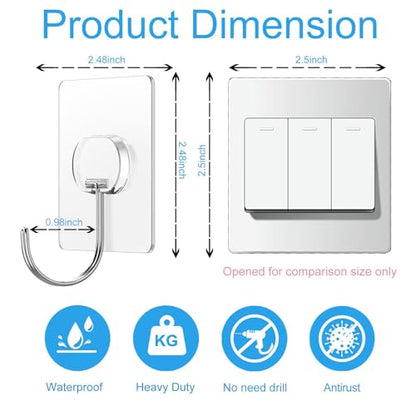 JINSHUNFA Adhesive Wall Hooks 13LB Heavy Duty No Drill Large Transparent Waterproof Hooks for Bathroom Kitchen Towel Coat 8 Pack - color: Clear, size: Large 8 Pcs