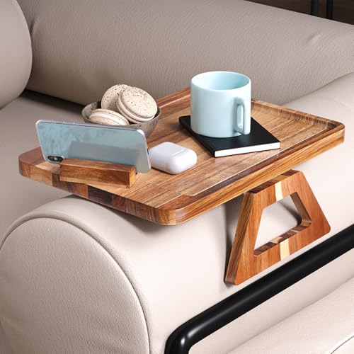 Acacia Wood Couch Arm Tray with 360°Phone Holder,Folding Sofa Armrest Tray,Couch Arm Table Clip-On Couch Desk for Drinks,Snacks,Phone,Remote Control - style: Phone Holder