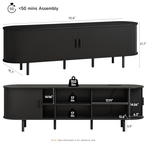 ONBRILL 70.8" TV Stand with Power Outlet for TVs up to 75 Inch, Entertainment Center with Storage and Adjustable Shelves, Modern Media Console with Sliding Doors for Living Room, Black - color: Black, size: 70.8 Inch