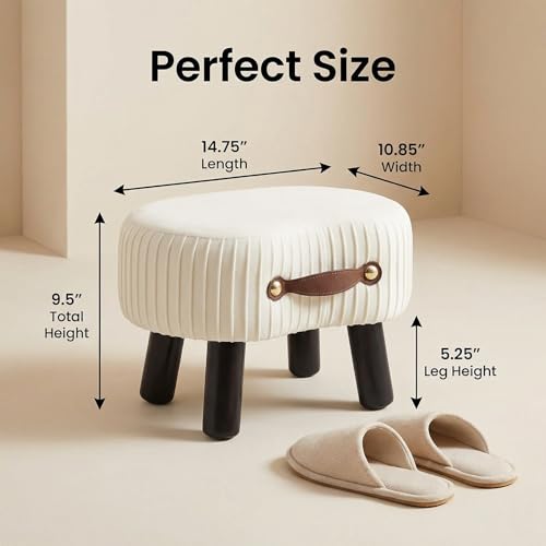 Foot Stools Small, White Ottomon with Handle, Velvet Footrest | Curved Foot Stool with Padded Seat Wooden Legs, Portable Foot Rest for Living Room, Bedroom, Entryway (White) - color: Bright White