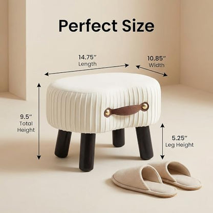 Foot Stools Small, White Ottomon with Handle, Velvet Footrest | Curved Foot Stool with Padded Seat Wooden Legs, Portable Foot Rest for Living Room, Bedroom, Entryway (White) - color: Bright White