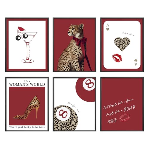Eastern Print Trendy Red Leopard Wall Art, Set of 6 Cheetah Print Posters, Fashion & Empowerment Decor for Women’s Room, Girl Boss Bedroom Gallery Aesthetic, Unframed (8x10 inch) - color: Red Leopard