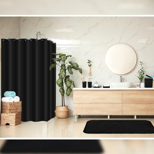 Hosuly 9 Pcs Bathroom Accessory Set Shower Curtain and 12 Hooks Table Trash Can Soap Dispenser Soap Dish Non Slip Bathroom Rugs Cup and Cotton Swab Holder Complete for Bathroom Decor (Black) - size: Black