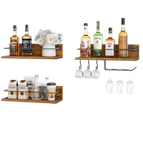 HOOBRO Wall Mounted Wine Rack 3 Pack, Wine Shelf Hanging Floating Wall Shelves, Wine Glass Bottle Rack Stemware Holder, for Living Room, Dining Room, Kitchen, Rustic Brown and Black BF33BJ01