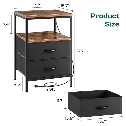 Huuger Night Stand with Charger Station, 27.7 Inch Tall Nightstand, Bed Side Table with 2 Fabric Drawers, Fabric Drawer Dresser for Bedroom, Living Room, Rustic Brown and Black - color: Rustic Brown and Black, size: 11.8"d X 17.7"w X 27.7"h (2 Drawers)