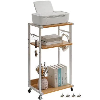 YMYNY Mobile Printer Stand, 3-Tier Printer Cart with Adjustable Storage Shelf and 6 S-Hooks, Tall Printer Table for Home Office, for Computer Tower Stand, Shredder, CPU Stand, Natural, UHPT002N - color: Natural-3 Tiers