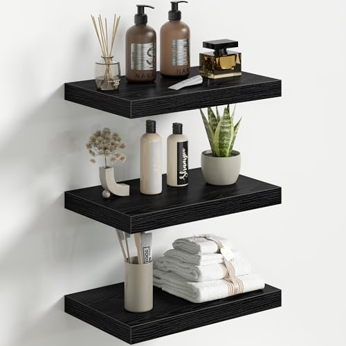 Fun Memories Floating Shelves for Wall 16 Inch Set of 3, Farmhouse Floating Shelf with Invisible Heavy Duty Bracket, 10 Inch Deep Bathroom Shelves for Storage, Living Room, Kitchen, Decor, Black - color: Black, size: 16"W x 10"D - 3P