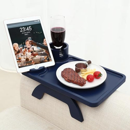 Nnewvante Couch Arm Tray,3 in 1 Large 15.36"x9.85" Bamboo Couch Table Armrest Sofa Arm Clip on Tray Table with 360°Rotated Phone/Cup Holder,Navy Blue - color: Navyblue