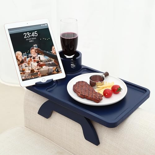 Nnewvante Couch Arm Tray,3 in 1 Large 15.36"x9.85" Bamboo Couch Table Armrest Sofa Arm Clip on Tray Table with 360°Rotated Phone/Cup Holder,Navy Blue - color: Navyblue