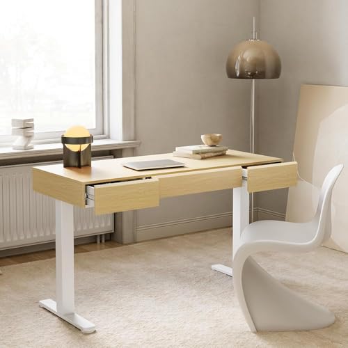 HUANUO 48 Inch Standing Desk with Drawers, Electric Adjustable Height Stand Up Desk with Storage, Whole-Piece Board Computer Workstation for Home Office, Light Walnut - color: Light Walnut, size: Center Storage
