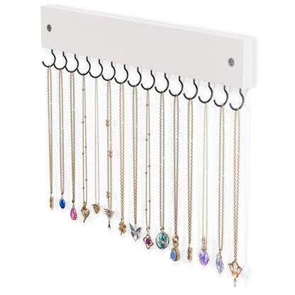 Lolalet Wooden Necklace Holder for Wall with 15 Hooks, Necklaces Hanger Easy Install Wall Mount Necklace Organizer, Jewelry Hangers for Chains, Bracelets, Earrings -White - color: White