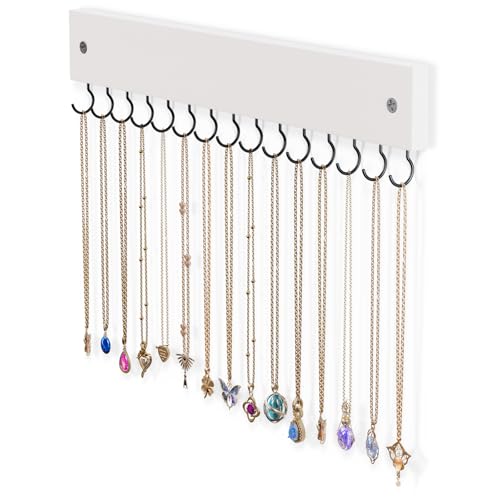 Lolalet Wooden Necklace Holder for Wall with 15 Hooks, Necklaces Hanger Easy Install Wall Mount Necklace Organizer, Jewelry Hangers for Chains, Bracelets, Earrings -White - color: White