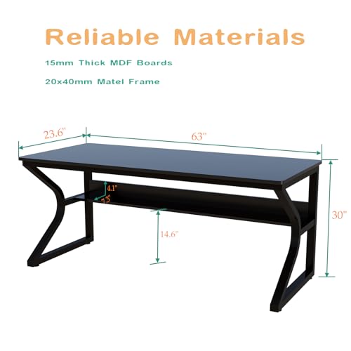 OSCHF Extra Long Desk with Bookshelf - 63" Double Long Writing Table for 2-Person Workstation, Modern Study Work Computer Desk for Home and Office, Black - color: Black, size: 63x23.6 inch