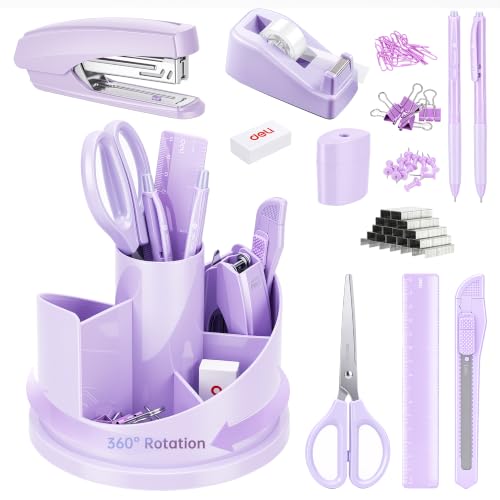 deli Office Supplies Set, Purple Desk Accessory Organizer Kit, Stapler Set, Rotating Multi-Functional Pen Holder, Tape Dispenser, Pens, Binder Clips, Sharpener, Scissor, Eraser, Purple Office Supplies - color: Purple