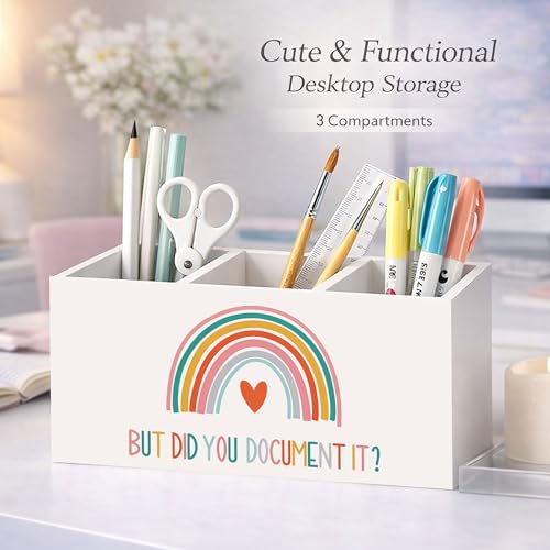 But Did You Document It Wooden Desk Organizer Pen Holder | Motivational quote design; 3-compartment wooden caddy holds pens, pencils, and supplies for office, home, or classroom. - color: Document It Rainbow
