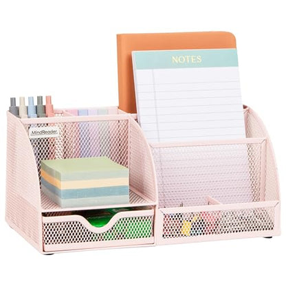 Mind Reader 7-Compartment Desktop Organizer, Metal Mesh Desk Organizer for Pens, Sticky Notes, Mail and Office Supplies, Pink - color: Pink