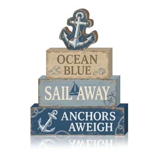 4 Pcs Nautical Anchor Bathroom Decor Summer Coastal Farmhouse Table Wooden Signs Sailing Tiered Tray Decor Ocean Table Decor Navy Blue Shelf Sitter Tabletop Home Decorations Gifts - style: Anchor