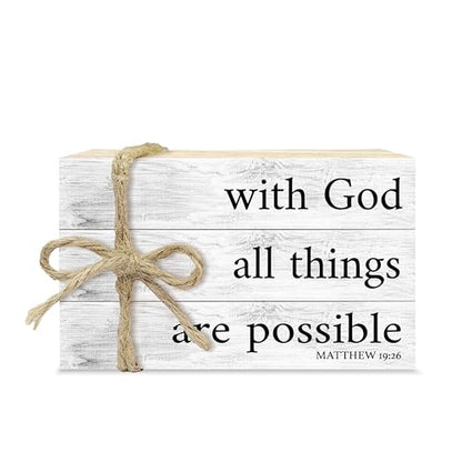 Mini Decorative Books For Home Decor, Small Christian Table Faux Wood Book Stack Decor, With God All Things Are Possible Bible Stacked Book Decor, Stack Display Book For Shelf, Three Pieces -A(02) - style: Farmhouse