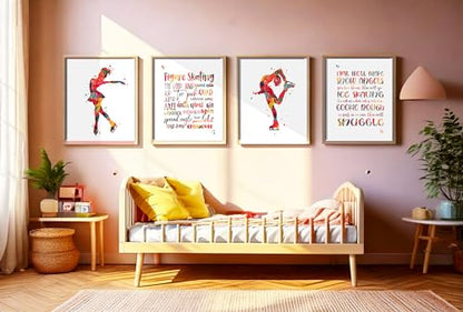 Inspirational Watercolor Ice Skater Girl Figure Skating Illustration Art Print Set for Girl's Bedroom Empowerment, Winter Sports Locker Team Boost, Young Spinner Surprises, Team Captain Honors, Coach Appreciation, Birthday Gifts - 8x10 Unframed Print Set