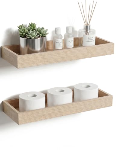 Oak Floating Shelves with Raised Lip, Wooden Wall Shelves for Bedroom Living Room Kitchen, Modern Bathroom Shelves for Wall, Decor Floating Shelves for Storage Display (Set of 2, 15.7 Inch) - color: Oak