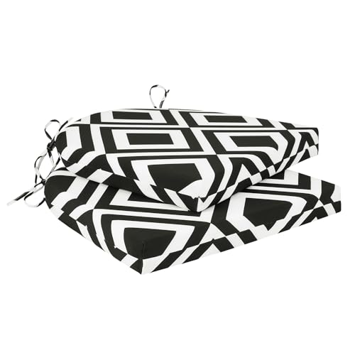 Cozyide Outdoor Chair Cushions, Waterproof Patio Seat Cushions with Adjustable Straps, Round Corner Patio Chair Cushions for Garden, Black Geometry, 17x16x2 Inch (Pack of 2) - color: Black Geometry, size: 17x16x2 Inch (Pack of 2)