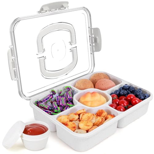 Large Snackle Box Container with Dip Container, 5 Compartments Snack Container with Lid and Handle, Veggie Fruit Divided Serving Tray for Party, Picnic, Dishwasher Safe, BPA-Free - color: White