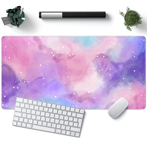 Desk Pad Purple Starry Sky Cute Gaming Mouse Pad Galaxy Gamer Girl Cute Pink Desk Decor Keyboard Desk Mat, Stitched Edges Desktop with Stitched Edges Non-Slip Large Computer Mat 31.5x15.7 in - color: B-pink Lucky Clouds