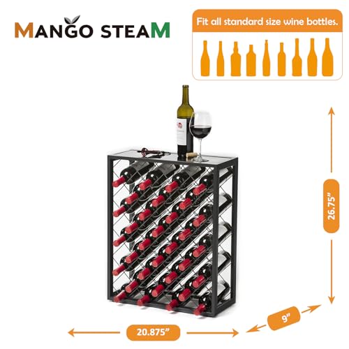 Mango Steam 32 Bottle Gray Wine Rack with Glass Top Shelf, Free Standing for Home, Kitchen and Bar - color: Pewter, size: 32 Bottle