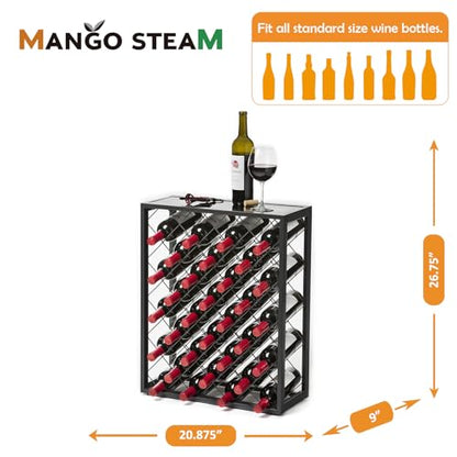 Mango Steam 32 Bottle Gray Wine Rack with Glass Top Shelf, Free Standing for Home, Kitchen and Bar - color: Pewter, size: 32 Bottle