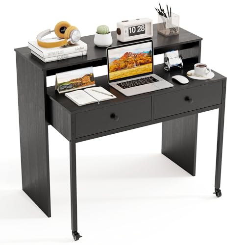 Tangkula Extendable Computer Desk with 2 Storage Drawers, Convertible Home Office Desk with Monitor Shelf, Metal Frame & Lockable Wheels, Rolling Study Writing Desk (Black) - color: Black