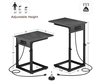 Vagusicc C Shaped End Table with Charging Station, 33" Tall Side Table for Couch, Adjustable Height C Table End Table, Couch Table Slide Under Sofa Table TV Tray Table for Living Room, Gray Walnut - color: Gray Walnut, style: Charging Station
