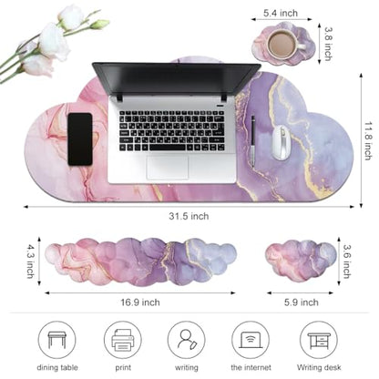 JIKIOU Ergonomic Keyboard Wrist Rest &Large Mouse Pad&Mouse Wrist & Cup Pad | Cute Cloud Shape, 4 in 1 Memory Foam Desk Mat, Ultra-smooth Surface, Savior of Wrist Pain, Anti-slip Rubber Base, Waterproof - color: 07Marble Pink