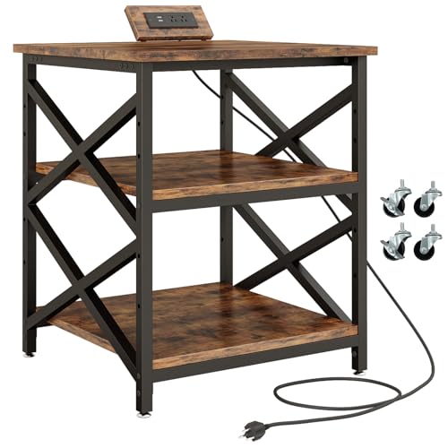 METYERRY Large Printer Stand with Power Outlet, with Height Adjustable Storage Shelf, 3 Tier Rolling Printer Cart with Industrial Wheels, 23.6 x 23.6 Inches Printer Table for Home Office, Rustic Brown - color: Rustic Brown
