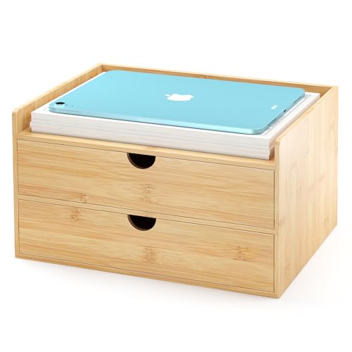 Bamboo Desk Drawer Organizer, Large Desktop Organizer with Drawers Tabletop Storage Organization Box for Office Home Toiletries Supplies Vanity, No Assembly Required (2 Drawer with Shelf) - color: 2 Drawer with shelf, size: Large