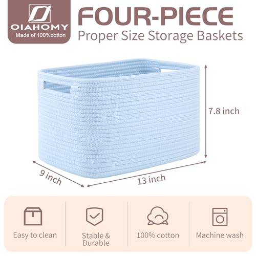 OIAHOMY 4 Pack Storage Baskets for Organizing, Cube Storage Bins for Shelves, Rectangle Storage Baskets With Handles, Woven Baskets for Storage, 12.7''Lx9''Wx7.8''H, Light Blue - color: Light Blue, size: 12.7x9x7.8inch