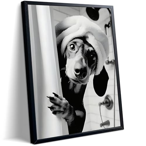 XYHYRA Black and White Bathroom Wall Art, Funny Dachshund Canvas Prints Poster, Cute Animal Wall Decor Picture, Modern Farmhouse Restroom Bathroom Home Decoration 8x10 Inch Wood Framed - color: Black and White Animation-A, size: 10"L x 8"W