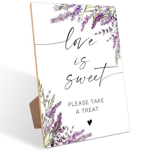 Love Is Sweet Sign, Lavender Dessert Table Decor, Bridal Shower Decorations, Wedding Reception Table Decorations, Purple Floral Wooden Sign with Stand for Wedding Reception And Bridal Party Decor, 37 - color: Love Is37
