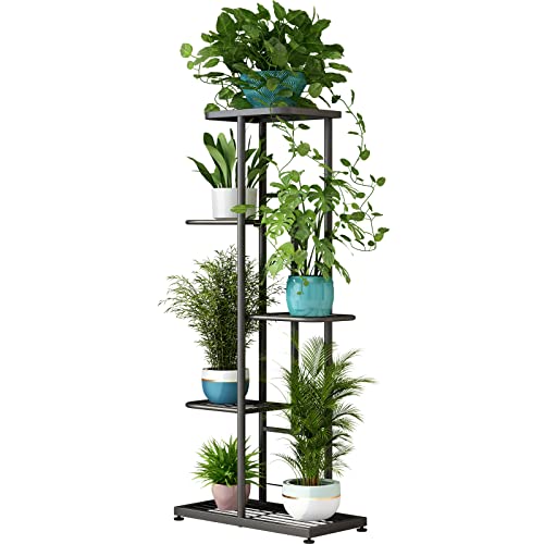 LINZINAR Plant Stand Indoor Outdoor Metal 5 Tier 6 Potted Multiple Flower Pot Holder Shelf Planter Display Shelving Unit for Patio Garden Corner Balcony Living Room (5 Tier 6 Potted, Dark Grey) - color: Dark Grey, size: 5 Tier-6 Potted