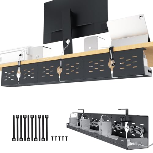 Univivi Under Desk Cable Management Tray - 48" Steel Cord Organizer, No-Drill C-Clamp & Screw Mount for Office/Home, Effortless Wire Management (Black) - color: Black, size: 48"