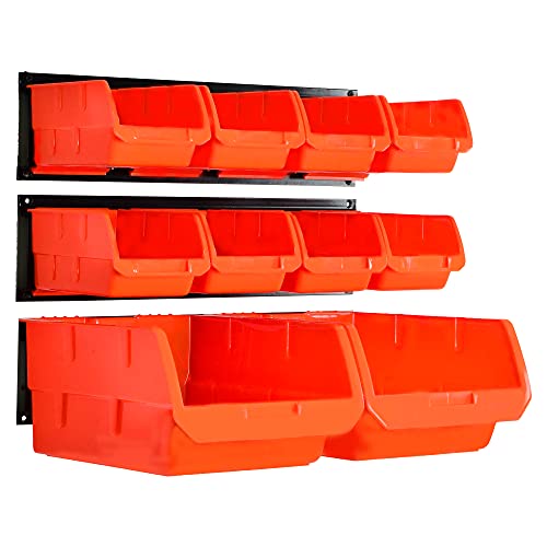 Wallmaster Wall Mounted Storage Bins, Wall Storage Bins Parts Rack 10 Bins&3 Rails Wall Mount Tool Organizer Hardware Storage Organizer (Orange) - color: Orange, size: 10Bins+3Rails