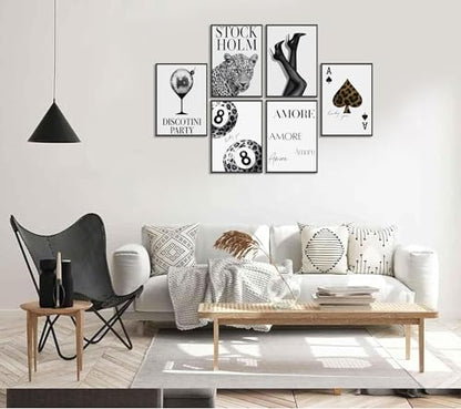 6pcs Stylish Black White Leopard Print Poster Wall Art Fashionable Lucky 8 Ball Painting Picture Wall Decor Cheetah Disco Ball Poster Print Artwork for Girls' Bedroom Apartment Dorm Home Decoration