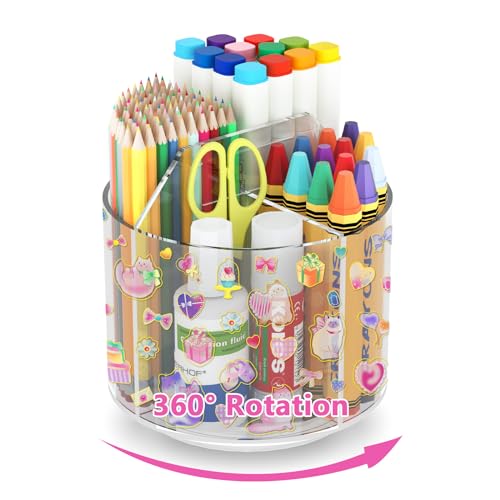 Wawocs Acrylic Pencil Organizer for Desk 4 Compartments with Adhesive DIY Sticker, Rotating Art Supply Organizer with Kawaii Sticker Kids, Spinning Round Marker Small Supply Caddy - size: Medium x1 sticker