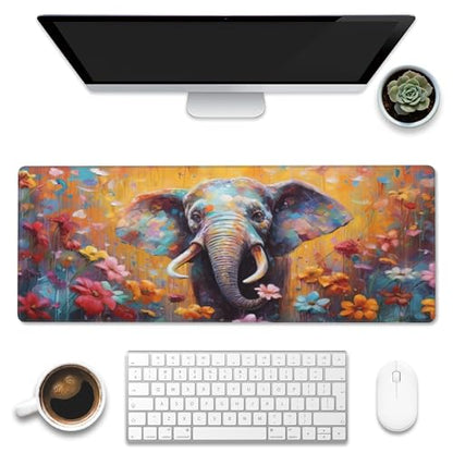 XL Mouse Pad,Elephant in Flower Blossom Large Gaming Mouse Pad,Cute Elephant Floral Desk Mat,Extended Big Computer Keyboard Desk Pad with Non-Slip Base and Stitched Edge 31.5"x11.8" - color: Elephant in Flower Blossom, size: XL-31.5"x11.8"