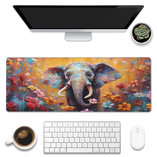 XL Mouse Pad,Elephant in Flower Blossom Large Gaming Mouse Pad,Cute Elephant Floral Desk Mat,Extended Big Computer Keyboard Desk Pad with Non-Slip Base and Stitched Edge 31.5"x11.8" - color: Elephant in Flower Blossom, size: XL-31.5"x11.8"