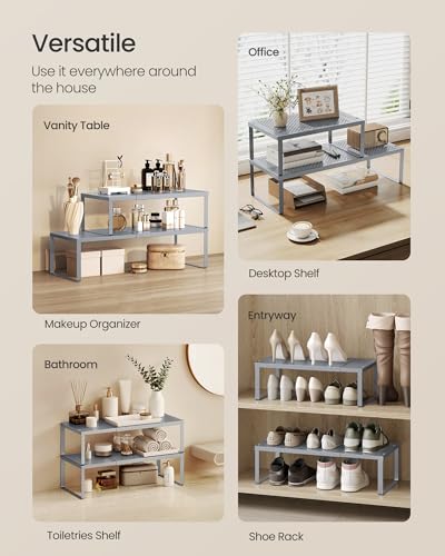 SONGMICS Spice Racks, Set of 2 Expandable Kitchen Countertop Shelves, Small Cupboard Organizers, Metal, Space-Saving Tabletop Shelves, Silver UKCS402FG01 - color: Silver, size: Set of 2