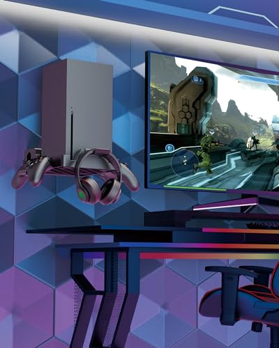 Wall Mount for Xbox Series X - Sturdy Wall Shelf Kit with 2 Controller Holders & 1 Headset Hook, Space Saving, Dual Ventilation Design, Easy Installation, Securely Mount Xbox Console Near or Behind TV