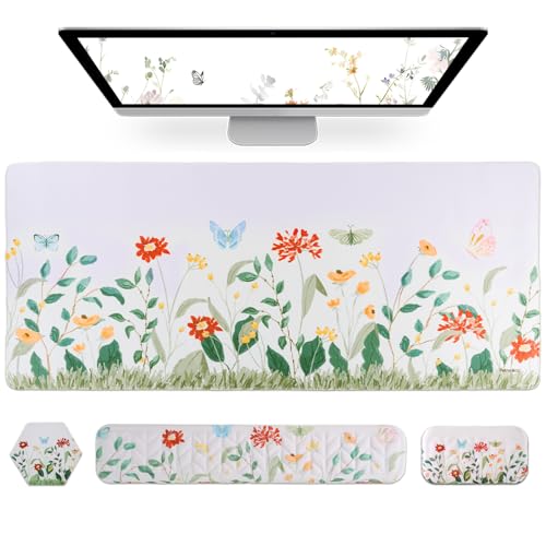 Petmolico Mouse Pad Set with Computer Keyboard Desk Pad,Mouse Pad with Wrist Rest,Typing Wrist Pad and Cup Coasters,Ergonomic Design for Typing Pain Relief【Silver,Wild Flowers】 - color: Silver