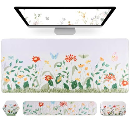 Petmolico Mouse Pad Set with Computer Keyboard Desk Pad,Mouse Pad with Wrist Rest,Typing Wrist Pad and Cup Coasters,Ergonomic Design for Typing Pain Relief【Silver,Wild Flowers】 - color: Silver
