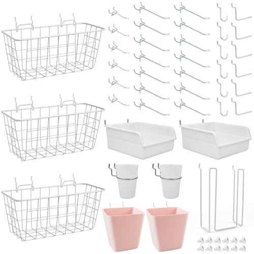 Pegboard Basket Organizers, Peg Board Large Baskets Hooks Bins Cups Tool Organizer 42 Pack Set, Wall Storage Display Hanging Accessories for Craft Office Stadio Shed Garage Organization (White & Pink) - color: White & Pink